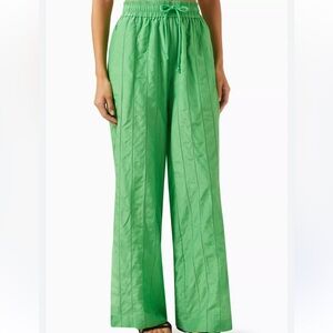 Jason Wu green crinkle drawstring waist wide-leg casual pants.